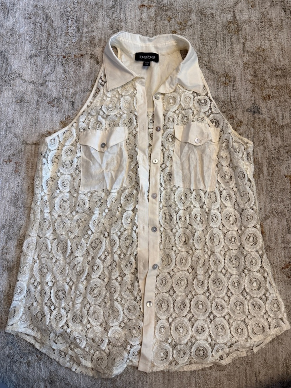 bebe Ivory Lace Sleeveless Button-Down Shirt